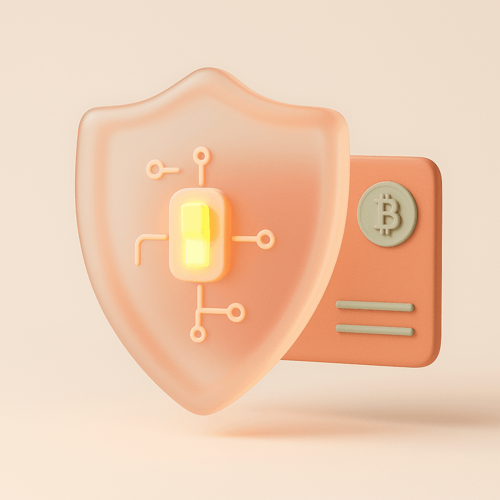 Glass shield with a glowing circuit breaker guarding a crypto wallet